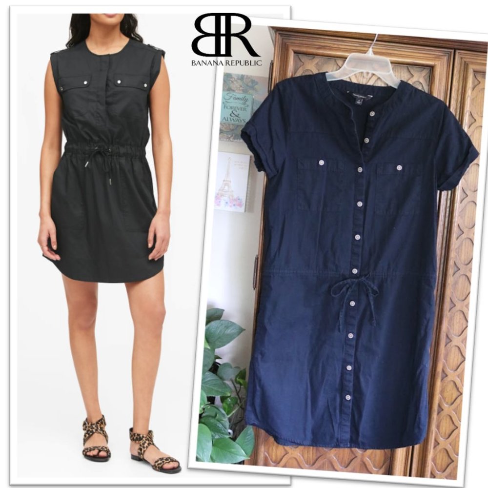 Banana Republic Black Button Down Drawstring Utility Shirt Dress w/ pockets!